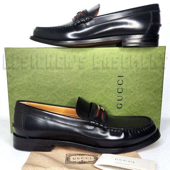 Gucci 13 black KAVEH polished Leather DOUBLE G WEB detail Loafer Shoes NIB - Picture 2 of 13